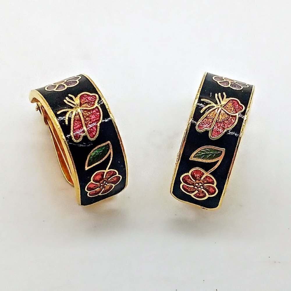 Vintage Black Multicolor Butterfly & Flower Cloisonne Hoop Clip Earrings